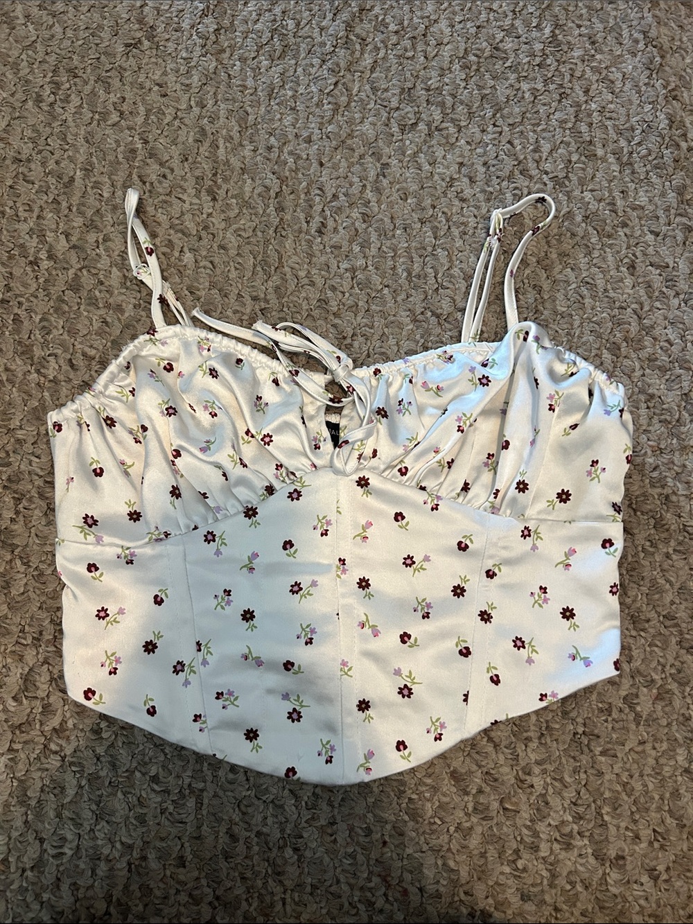 Kendall & Kylie White Satin Floral Ruched Corset Top